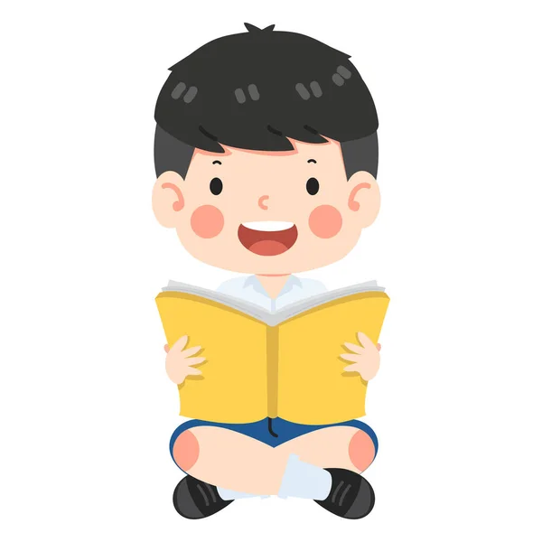 Kid Boy Student Sitting Read Book — Stock Vector