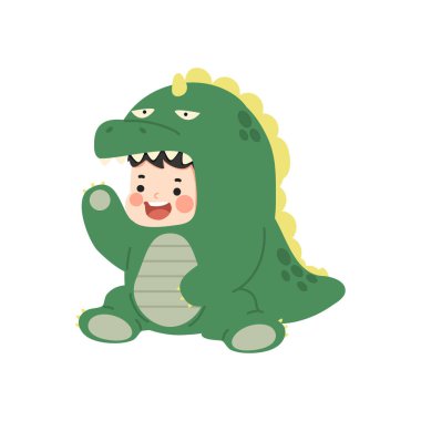 Dinozor kılığına girmiş çocuk.