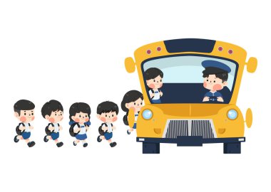 Grup öğrencileri okul otobüsüne biniyor 