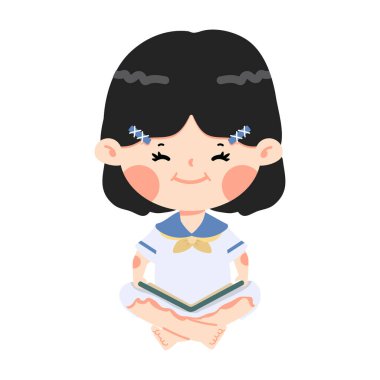 Çocuk oturuyor, kitap okuyor.