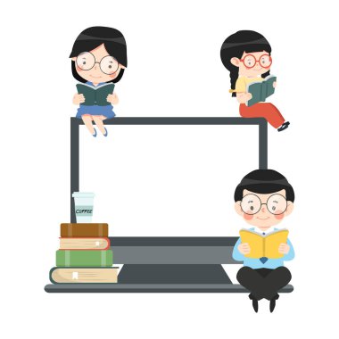 Bilgisayar karikatürlü çocuk kitabı okuyor