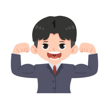 Takım elbiseli iş adamı kaslı karikatür gösteriyor.