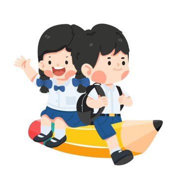 Uçan kaleme binen mutlu çocuklar okula gider.