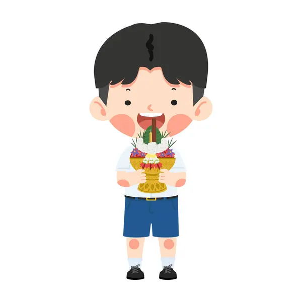 stock vector Boy Thai Student with Flower tray for Teacher day