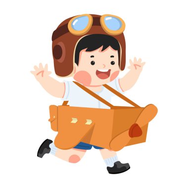 Öğrenci çocuk karton bir uçakla oynuyor.