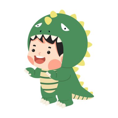 Dinozor kostümü giyen çocuk.