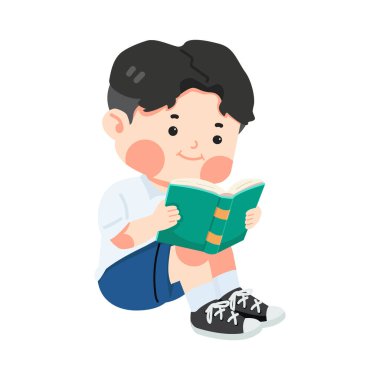 Tatlı çocuk oturup kitap okuyor.