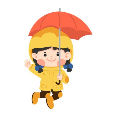 Sarı yağmurluklu çocuk şemsiyenin altına atlıyor.