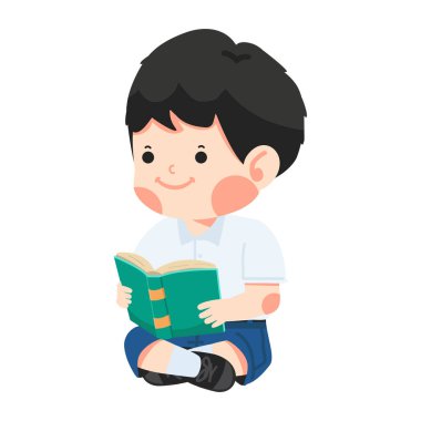 Mutlu çocuk oturuyor ve kitap okuyor.