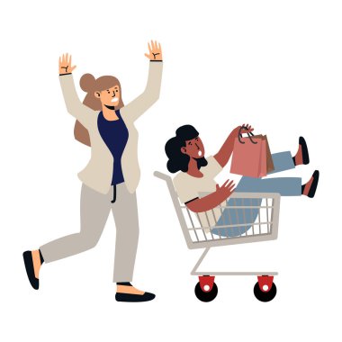 Genç bir kadın, kız arkadaşını alışveriş arabasına itiyor.