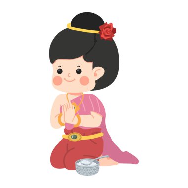 Geleneksel Tayland selamında kız yemek sunuyor.