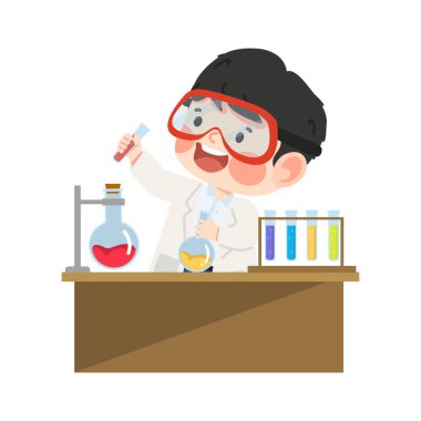 Sevimli öğrenci bilim adamı laboratuarda araştırma yapıyor.