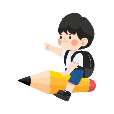 Erkek öğrenci kalem üzerinde okula dönüyor.