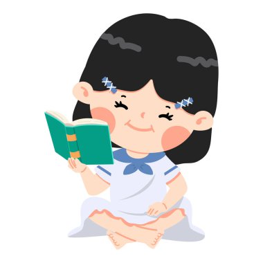 Oturup kitap okuyan tatlı bir kız. 