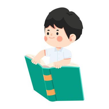 Uçan bir kitabın üzerinde oturan tatlı çocuk.