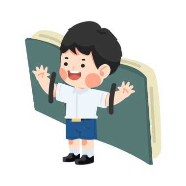 Çocuk öğrenci açık bir kitapla uçuyor.