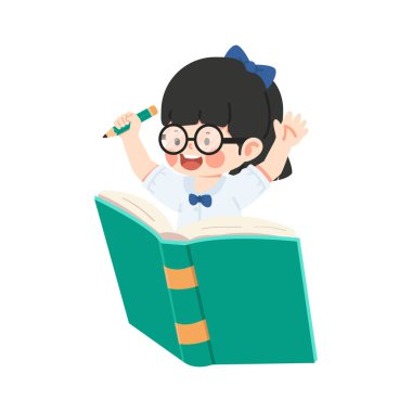 Bir kitabın üzerinde oturan Mutlu Çocuk gairl öğrencisi