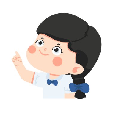 Okul üniformalı kız bir şeyi işaret ediyor.