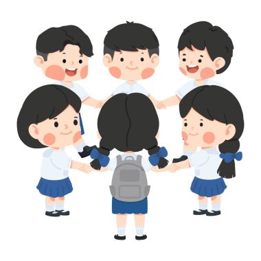 Bir grup mutlu çocuk el ele tutuşup gülümsüyor.