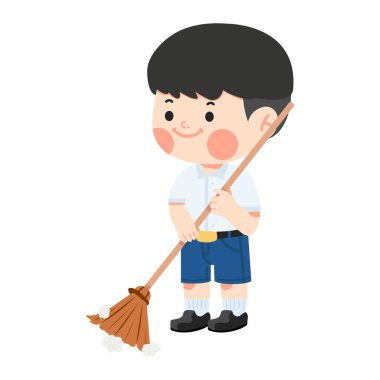 Çocuk elinde süpürgeyle gülümsüyor.