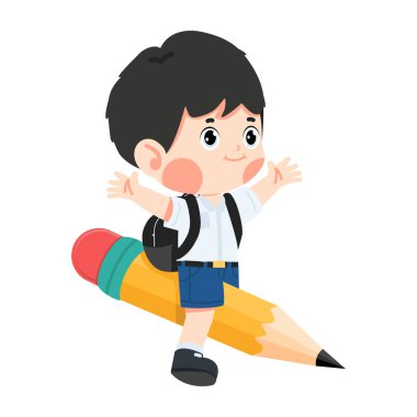 Kalemle uçan mutlu çocuk öğrenci. 