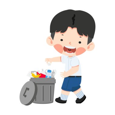 Çöp kutusuna çöp atan bir çocuk.