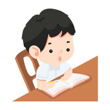 Çocuk masada oturuyor ve bir kitap yazıyor.