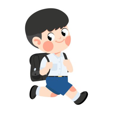 Sırt çantalı çocuk okula koşuyor.