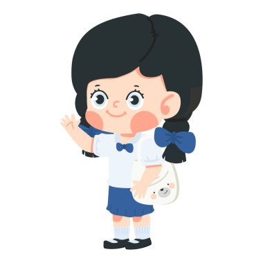 Kumaş çanta tutan öğrenci el sallıyor.