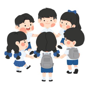 Bir grup mutlu çocuk el ele tutuşuyor.