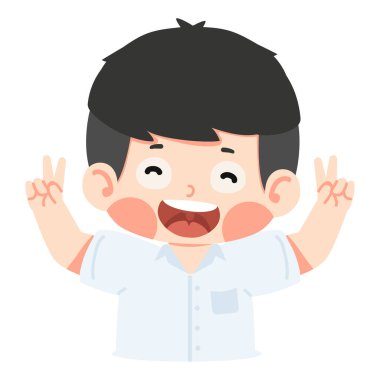 Çizgi film çocuğu barış işareti veriyor.