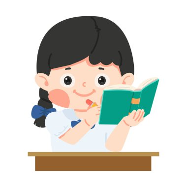 Çocuk yazmak için kitap kaldırır.