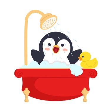 Penguen köpük hayvanla banyo yapıyor.