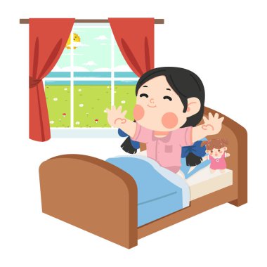 Kid girl waking up in the morning on the bed clipart