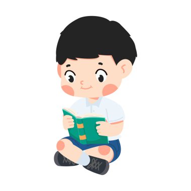 Okul üniformalı yakışıklı çocuk kitap okuyor.