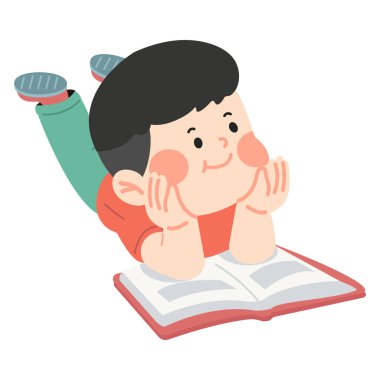 Tatlı çocuk uzanıp kitap okuyor. 