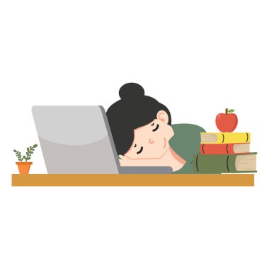 A tired woman sleeping at the office cartoon clipart