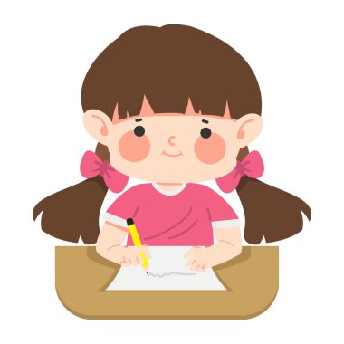 Genç kız ödevini yapıyor ve çizgi film yazıyor.