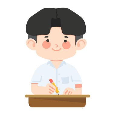 Çocuk masa çizgi filminde oturuyor ve yazıyor.