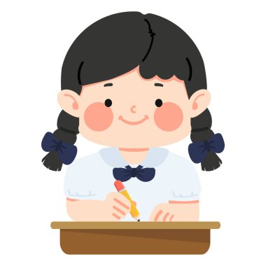 Çocuk masa karikatüründe oturuyor ve yazıyor.