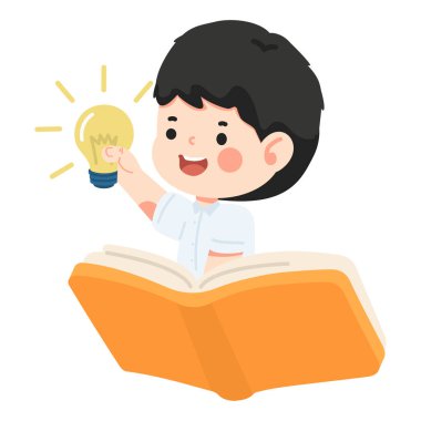 Ampul ve Açık Kitap Çizim Çizimi Olan Çocuk