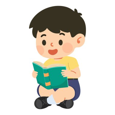 Çocuk oturuyor ve kitap okuyor.
