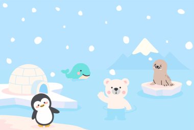 Igloo arkaplanlı şirin Arktik Hayvanlar Çizimi