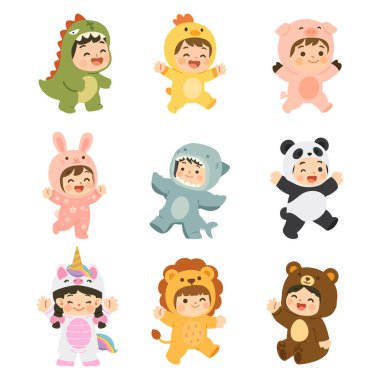 Bir karnaval için çeşitli hayvan kostümleri giymiş sevimli çizgi film çocukları. 