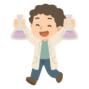 Neşeli Çizgi Film Bilim Adamı Flasks Çizimi Tutuyor