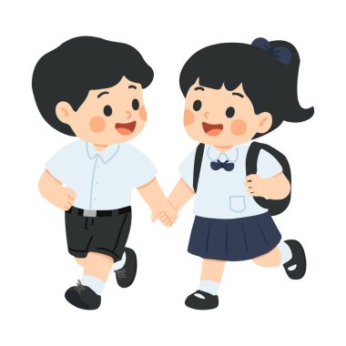 Okul çocuklarının el ele tutuşup birlikte yürüdüğü bir resim.