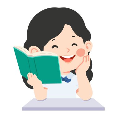 Çocuk Kız Masa Karikatüründe Kitap Okuyor