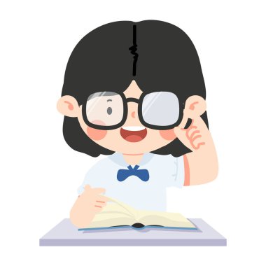 Akıllı kız gözlük karikatüründe gülümsüyor.