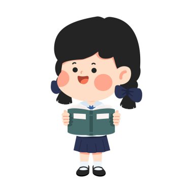 Kitap okuyan bir kız öğrencinin karikatür çizimi