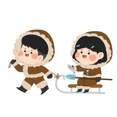Çizgi film Eskimo Çocukları ve Sledge Illustration Kid